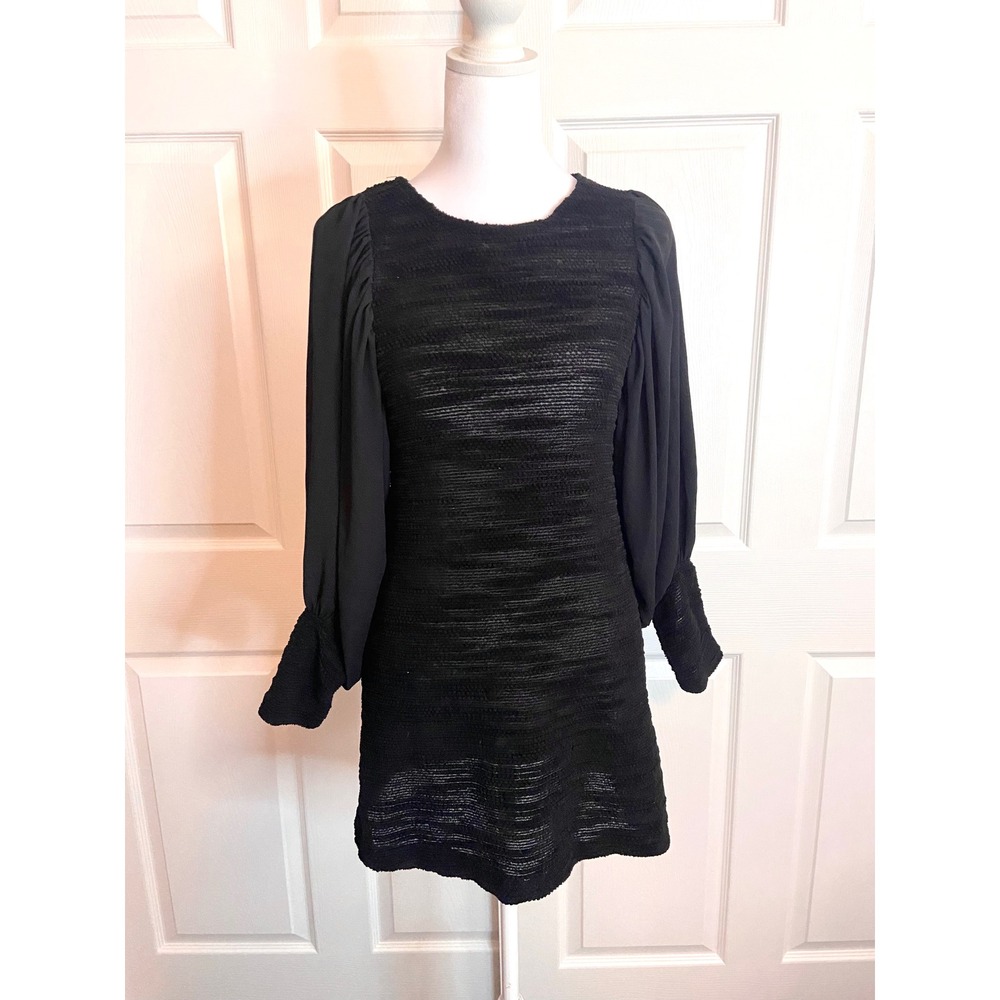 Black Textured Knit Mini Dress Sheer Bishop Sleeve Smocked Cuff Small